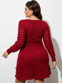 SHEIN LUNE 大碼腰帶圍裹細節腰帶毛衣裙 - 酒紅色 - 查看 2