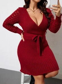 SHEIN LUNE 大碼腰帶圍裹細節腰帶毛衣裙 - 酒紅色 - 查看 3