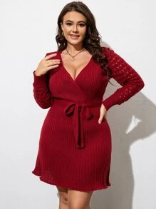 SHEIN LUNE 大碼腰帶圍裹細節腰帶毛衣裙 - 酒紅色 - 查看 4