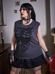 ROMWE Grunge Punk 大碼骷髅圖案背心上衣 - 深灰色 - 查看 5