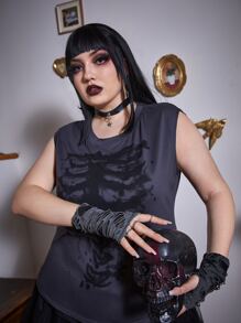 ROMWE Grunge Punk 大碼骷髅圖案背心上衣 - 深灰色 - 查看 7