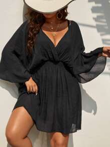 Swim Lushoire Summer Beach Plus Solid Wrap Ruffle Hem Cover Up Dress - Black - View 1