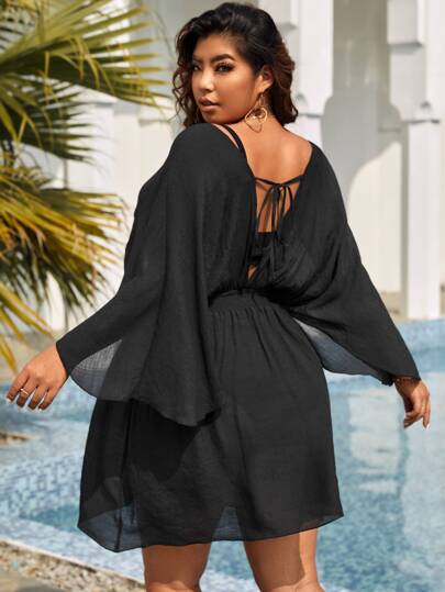 Swim Lushoire Summer Beach Plus Solid Wrap Ruffle Hem Cover Up Dress