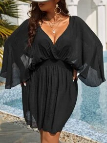 Swim Lushoire Summer Beach Plus Solid Wrap Ruffle Hem Cover Up Dress - Black - View 3