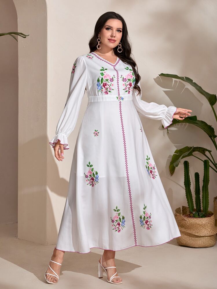 Plus Floral Print Flounce Sleeve Dress