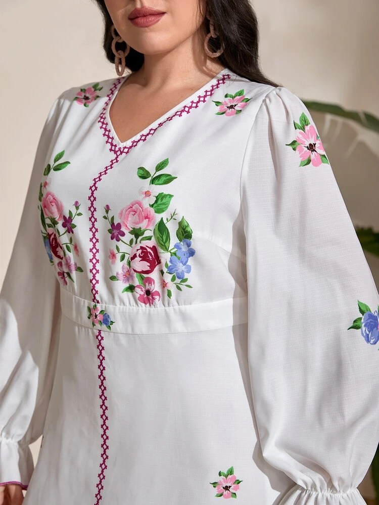 Plus Floral Print Flounce Sleeve Dress