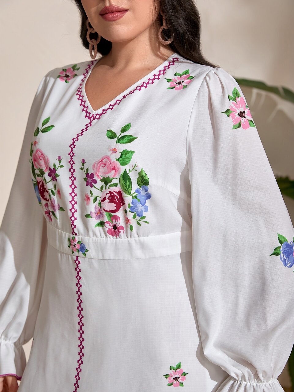 Plus Floral Print Flounce Sleeve Dress