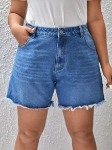 SHEIN LUNE Plus Raw Hem Denim Shorts - Medium Wash - View 1
