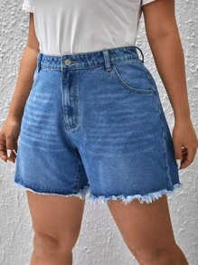 SHEIN LUNE Plus Raw Hem Denim Shorts - Medium Wash - View 4