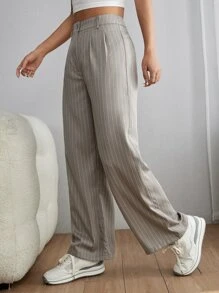 SHEIN PETITE Striped Print High Waist Straight Leg Pants - Apricot - View 5