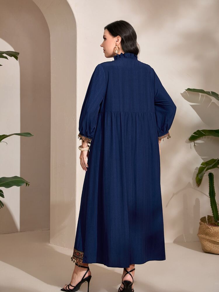 Mulvari Plus Contrast Tape Sequins Trim Button Front Dress - Navy Blue - View 3