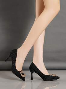 Fall/Winter Women High Heel Pumps Pointed Toe Rhinestone Decor,Elegant,Party,Stilettos Heels - Black - View 3