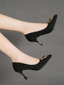 Fall/Winter Women High Heel Pumps Pointed Toe Rhinestone Decor,Elegant,Party,Stilettos Heels - Black - View 5