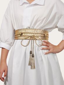 Elegant Tassel Decor Wide Belt for Coats and Dresses - Gold - View 1