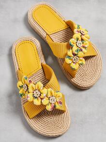 Floral Appliques Espadrille Slides - Yellow - View 2