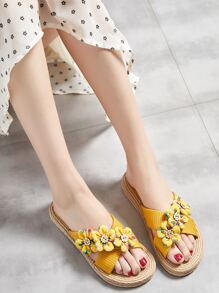 Floral Appliques Espadrille Slides - Yellow - View 3