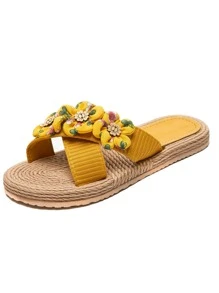 Floral Appliques Espadrille Slides - Yellow - View 5