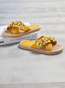 Floral Appliques Espadrille Slides - Yellow - View 7
