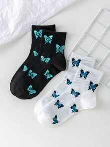 2 Pairs Women Interesting Personalized Cartoon Cute Multicolor Jacquard Butterfly Pattern Crew Socks, Sports Socks, Suitable For All Seasons, European & American Size, Comfortable Breathable Durable, Colorful, Ideal For Daily Wear, Premium Fabric, Non-Sweaty