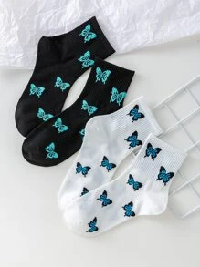 2 Pairs Women Interesting Personalized Cartoon Cute Multicolor Jacquard Butterfly Pattern Crew Socks, Sports Socks, Suitable For All Seasons, European & American Size, Comfortable Breathable Durable, Colorful, Ideal For Daily Wear, Premium Fabric, Non-Sweaty