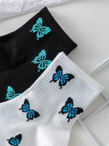 2 Pairs Women Interesting Personalized Cartoon Cute Multicolor Jacquard Butterfly Pattern Crew Socks, Sports Socks, Suitable For All Seasons, European & American Size, Comfortable Breathable Durable, Colorful, Ideal For Daily Wear, Premium Fabric, Non-Sweaty