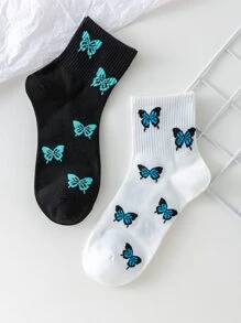 2 Pairs Women Interesting Personalized Cartoon Cute Multicolor Jacquard Butterfly Pattern Crew Socks, Sports Socks, Suitable For All Seasons, European & American Size, Comfortable Breathable Durable, Colorful, Ideal For Daily Wear, Premium Fabric, Non-Sweaty