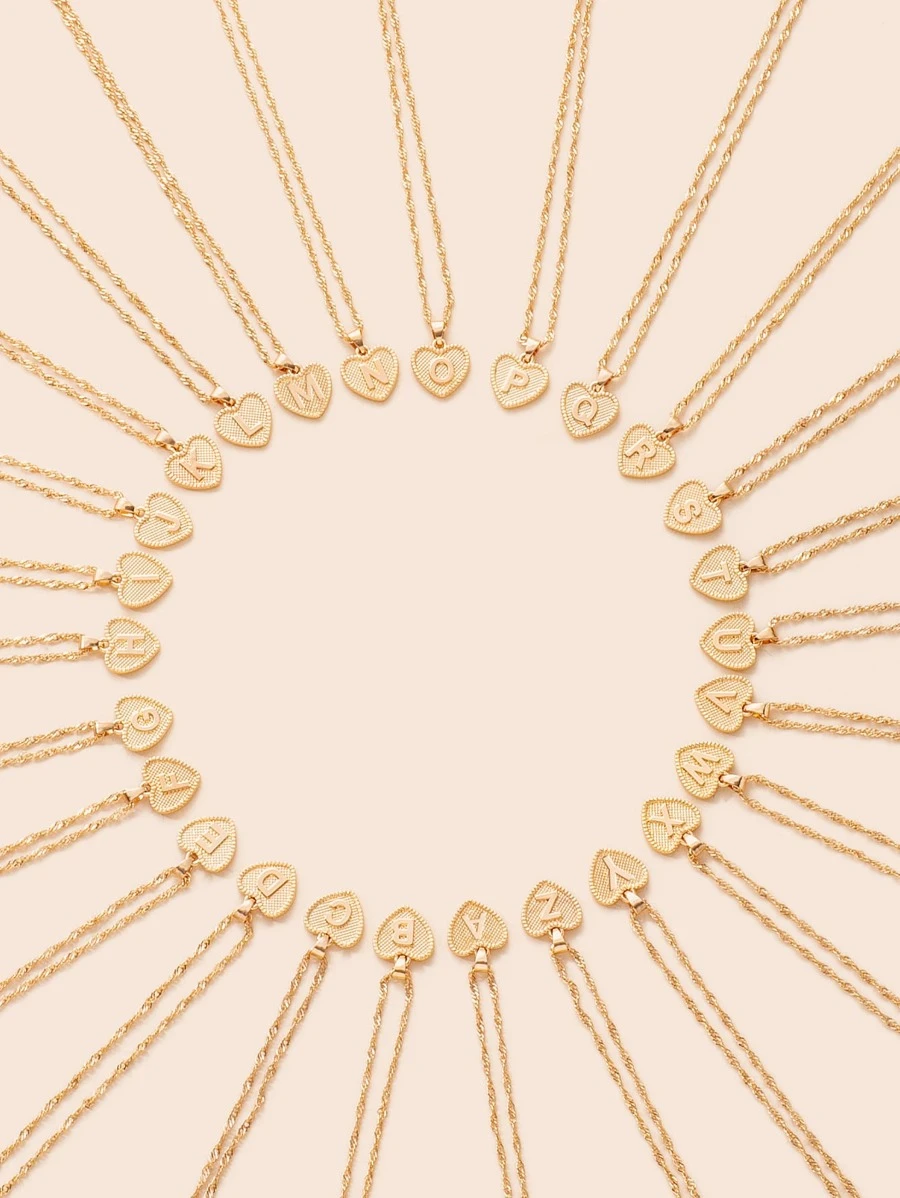 1入組時尚鋅合金字母細節心形墜飾項鍊適用於女士適用於禮品 - 金黃色 - 查看 1