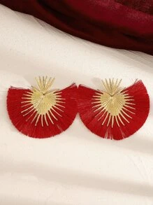 1pair Western Style Exaggerated & Retro & Minimalist Heart Shaped & Tassel Dangle Earrings For Women, Suitable For Daily Wear, Banquet Party, And Festival Gifts Valentines - Red - View 2