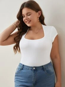 SHEIN Frenchy Plus Square Neck Ribbed Knit Tee - White - View 1
