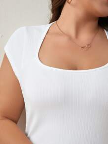 SHEIN Frenchy Plus Square Neck Ribbed Knit Tee - White - View 2