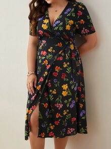 SHEIN Frenchy 大碼印花泡泡袖側打結圍裹式連衣裙 - 黑色 - 查看 5