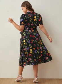 SHEIN Frenchy 大碼印花泡泡袖側打結圍裹式連衣裙 - 黑色 - 查看 6