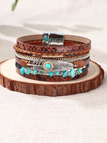 Vòng đeo tay nhiều lớp trang trí màu ngọc lam & lông vũ - màu nâu - Xem 1