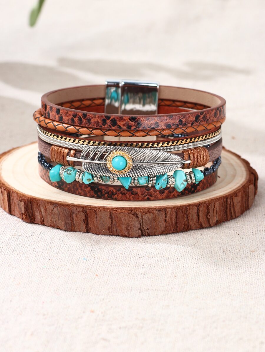 Vòng đeo tay nhiều lớp trang trí màu ngọc lam & lông vũ - màu nâu - Xem 1