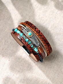 Vòng đeo tay nhiều lớp trang trí màu ngọc lam & lông vũ - màu nâu - Xem 3