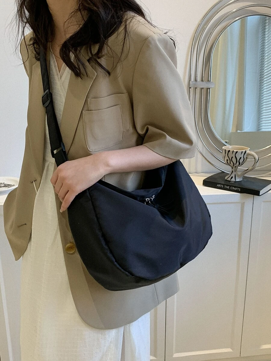 Minimalist Hobo Bag Zipper Medium For School - Black - View 1