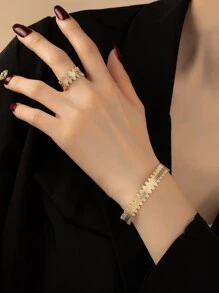 紋理質感金屬開口手鐲和戒指 - 金黃色 - 查看 1