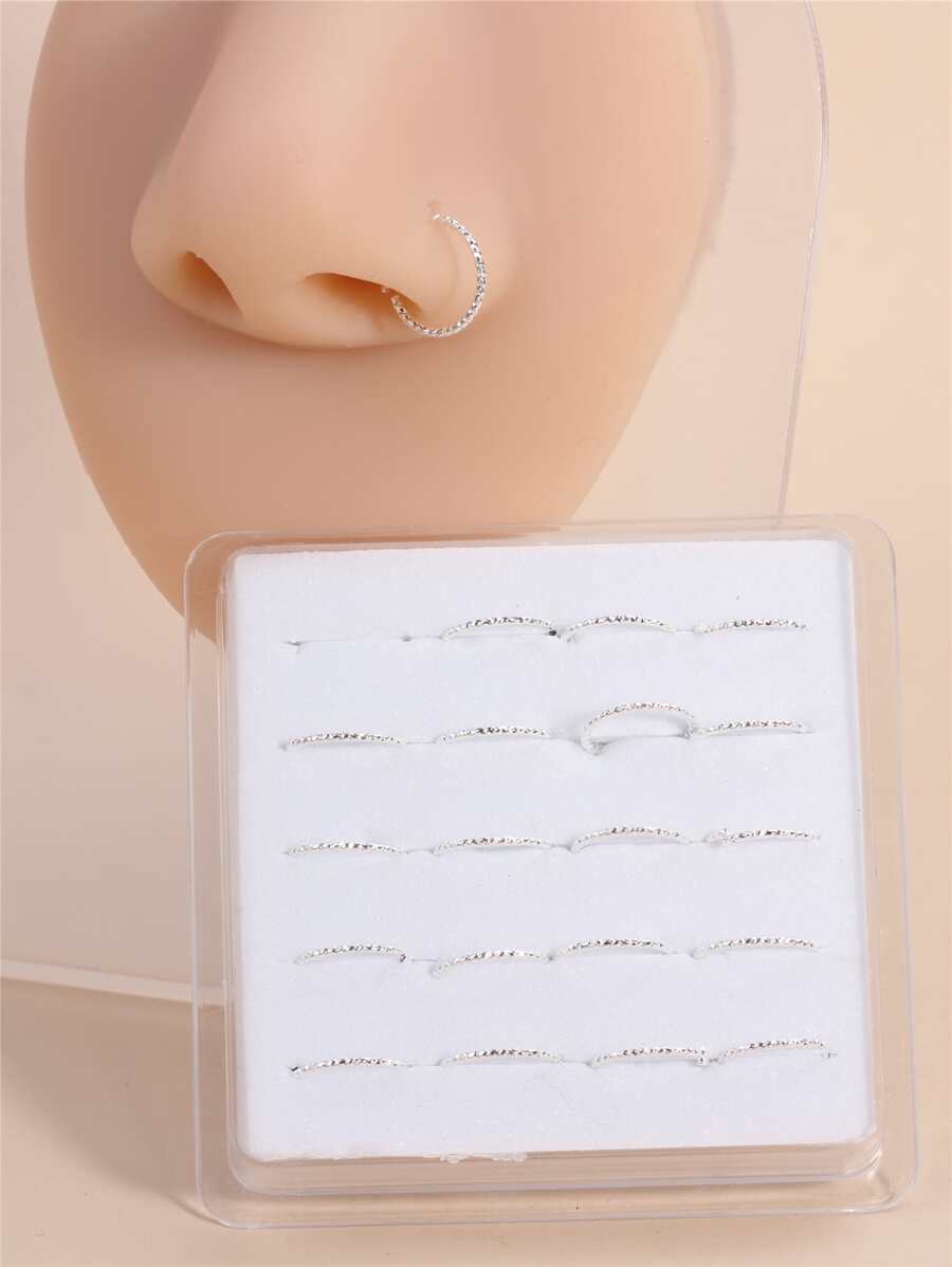 20pcs/set Popular Textured Metal Nose Ring Copper Simple & Stylish For Women & Girls Unisex - Silver - View 1