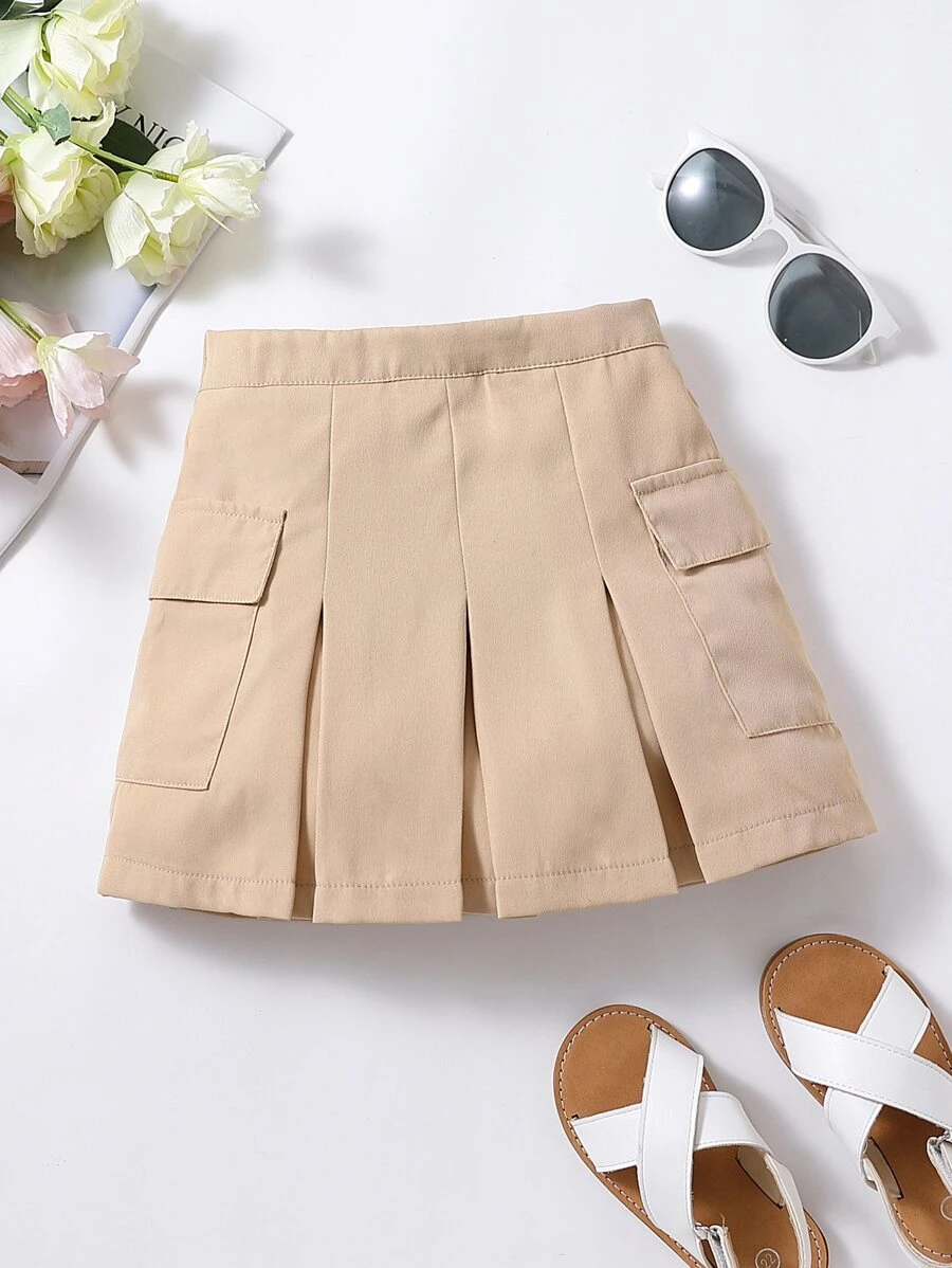 SHEIN 女小童素色優雅和簡約風卡其色中長半身裙適合夏天