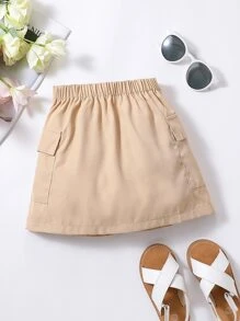 SHEIN 女小童素色優雅和簡約風卡其色中長半身裙適合夏天