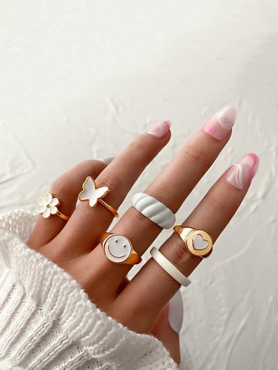 6 piezas/set Anillo con mariposa & con diseño de flor - Multicolor - Ver 1