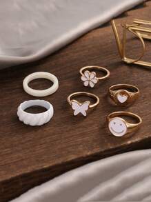 6 piezas/set Anillo con mariposa & con diseño de flor - Multicolor - Ver 2
