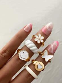 6 piezas/set Anillo con mariposa & con diseño de flor - Multicolor - Ver 3