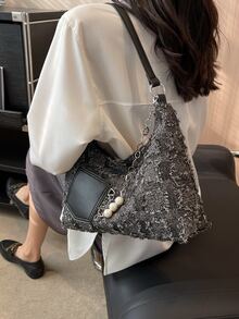 Colorblock Raw Hem Chain Decor Hobo Bag - Multicolor - View 2