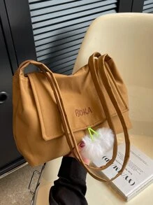Letter Embroidered Flap Shopper Bag With Bag Charm - Brown - View 1