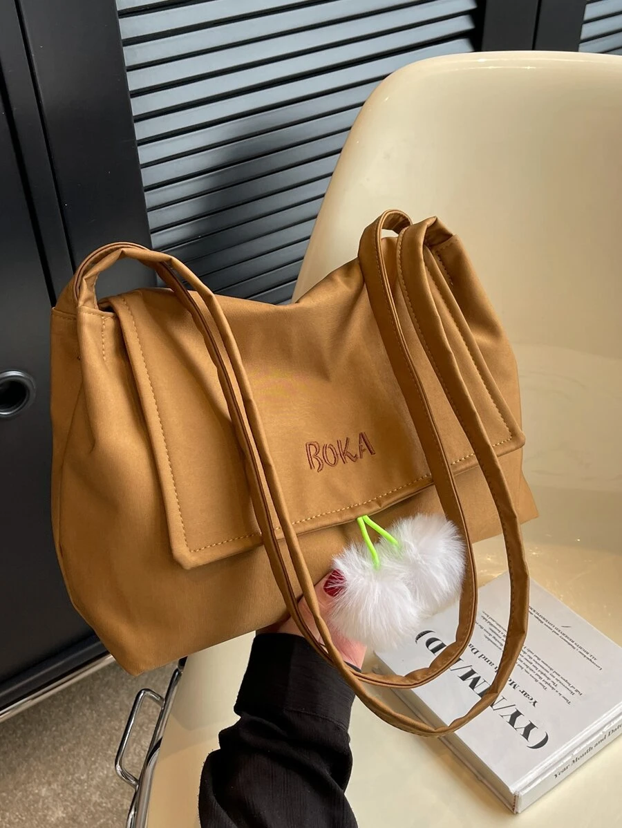 Letter Embroidered Flap Shopper Bag With Bag Charm - Brown - View 1