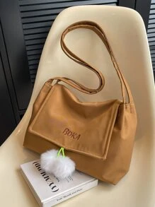 Letter Embroidered Flap Shopper Bag With Bag Charm - Brown - View 2