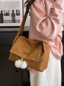 Letter Embroidered Flap Shopper Bag With Bag Charm - Brown - View 3