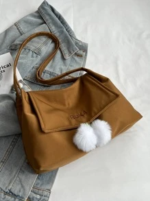 Letter Embroidered Flap Shopper Bag With Bag Charm - Brown - View 4