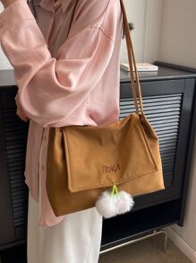 Letter Embroidered Flap Shopper Bag With Bag Charm - Brown - View 5